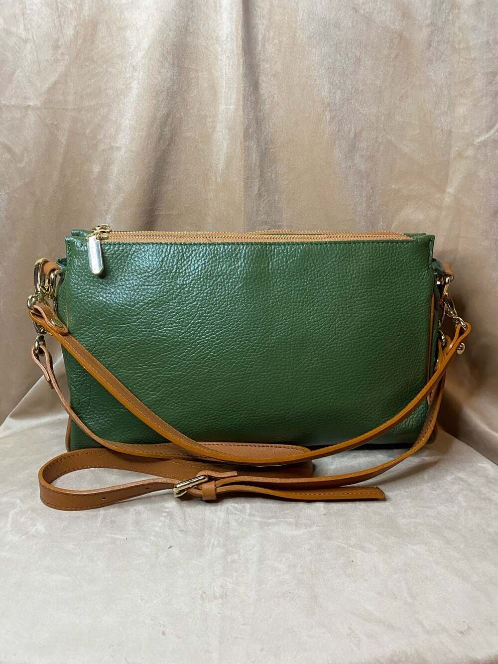 Valentina Italian Green Pebbled Leather Triple Entry Crossbody Bag with Tan Trim